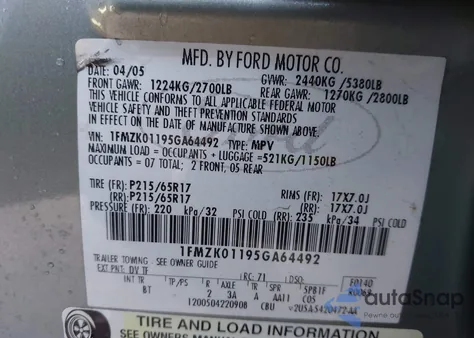 2005 Ford Freestyle Se из США, поврежденный, VIN 1FMZK01195GA64492